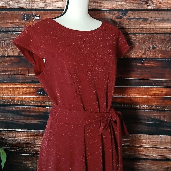 NWT Ivnis Knit Dress XL Wine Glitter Sparkle Belted Zip Back Cap Sleeve Retro - Picture 5 of 13